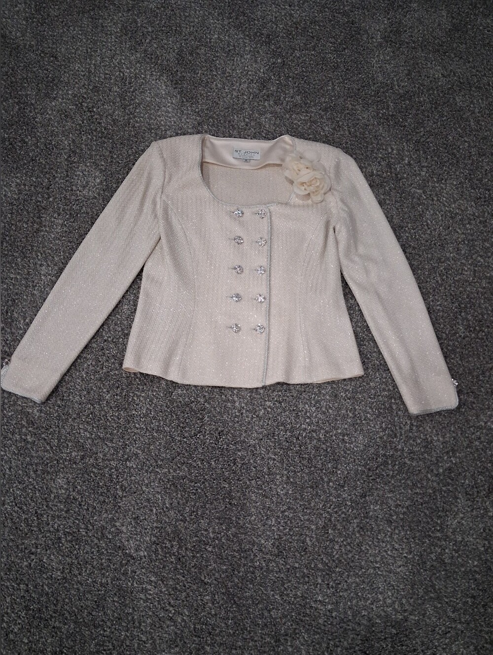 2 Piece St John Evening By Marie Gray Suit Ivory With Silver Fleck. Size 8.